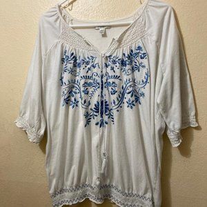 Dressbarn Women's White Floral Embroidered 3/4 Sleeve Peasant Tunic Top Size 2X